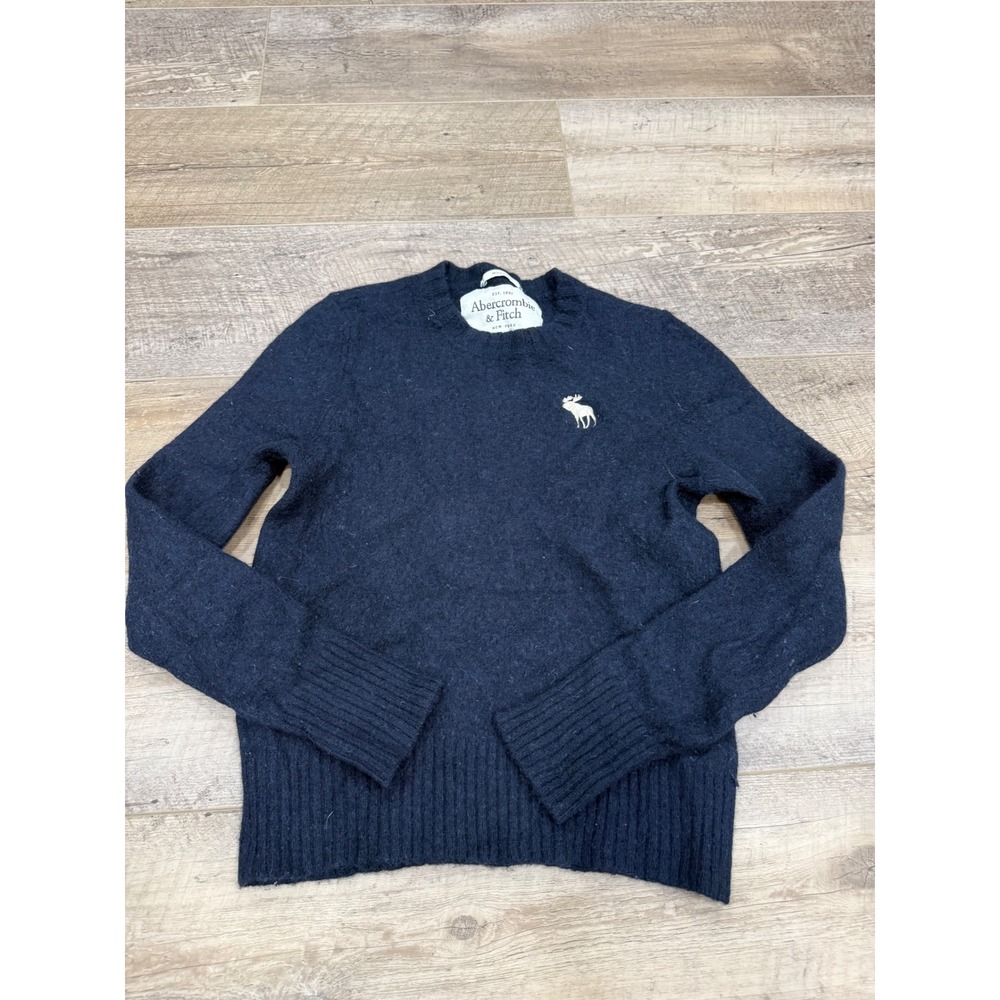 Abercrombie & Fitch Mens Small Navy Blue 100% Wool Muscle Fit Crewneck Sweater